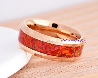 Red Fire Opal Inlay Rose Gold Plated Tungsten Ring / 8mm Tungsten Carbide Wedding Band / Anniversary Gift / Engagement Ring / Engraved Gift