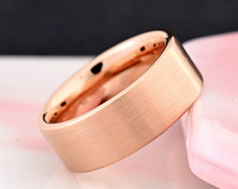 8mm Width Matte Brushed Rose Gold Plated Tungsten Carbide Ring Minimalist Men's Wedding Band Laser Engraved Pipe Cut Engagement Ring Gift