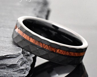 CROWNAL Handmade Tungsten Wedding Ring With Crushed Fire Opal & Koa Wood Inlay – 'I Love You' Engraved – Sizes 7-17