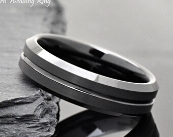 Mens Tungsten Wedding Band Black, 6mm Mens Tungsten Ring, Mens Promise Ring Engraved, Black Wedding Ring, Brushed, Rings for Him, Men's Ring