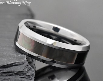 Natural Dark Pearl Inlay Wedding Ring, High Polished Tungsten Wedding Band, Men's Engagement Ring, Promise Ring for Him 8mm