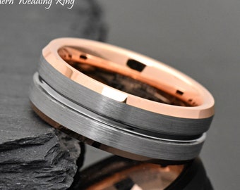 Rose Gold & Silver Tone, Rose Gold Tungsten Ring, Mens Wedding Band, Men's Ring, 8mm Men's Ring, Rings for Men, Mens Engraved Ring, Gift