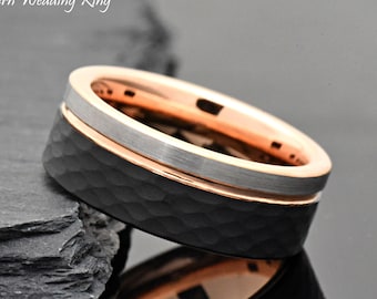 Unique Ring, Men's Ring, Tungsten Carbide Wedding Band, 8mm Rose Gold Black Wedding Ring Tungsten, Mens Promise Ring Band, Laser Engraved