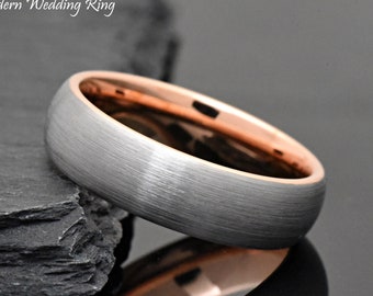 Two Tone Rose Gold Plated Wedding Ring, Tungsten Carbide Engagement Ring, 6mm Tungsten Wedding Band, His Hers Promise Ring, Anniversary