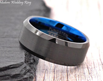 Male Ring, Black Tungsten Blue Inside Unique Ring, Brushed Center, Beveled Edge, Free Laser Engraving, Men's Promise Ring, Male Wedding Ring