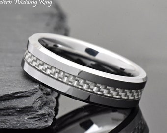 6mm High Polished Tungsten with Grey Carbon Fiber Inlay Anniversary Ring Band, Tungsten Anniversary Ring Engraved, Anniversary Ring for Him