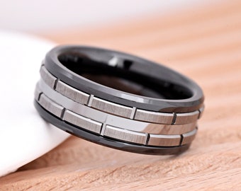 Unique Grooved Center Brick Pattern Black Tungsten Ring / 8mm Tungsten Carbide Ring / Engagement Ring / Personalized Band / Men's Gift
