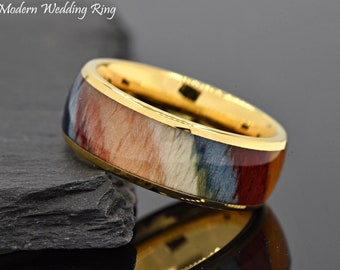 Multiple Color Dyed Rosewood Inlay Dome Gold Plated Tungsten Carbide Ring, Engagement Ring, Tungsten Wedding Band Engraved, Unique Ring