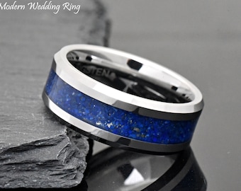 Lapis Lazuli Gemstone Inlay Anniversary Ring, Men's Deep Blue Stone Lapis Lazuli Tungsten Wedding Band, Male Promise Ring, Laser Engraved