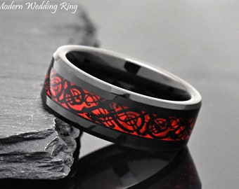 Black Tungsten Wedding Ring with Red Celtic Dragon Inlay, Men's Celtic Ring, Black Tungsten Ring, 8mm Tungsten Ring, Anniversary Ring