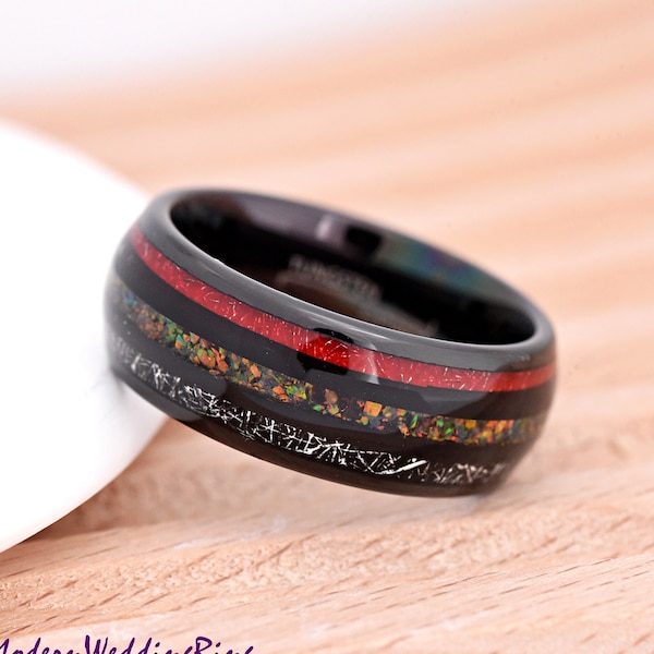 Unique Dome Meteorite Galaxy Red & Green Orange Opal Inlay Wedding Band / Personalized Band / Men's Gift Anniversary / Tungsten Wedding Band