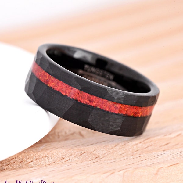 Fire Red Opal Inlay Black Tungsten Ring / 8mm Pipe Cut Faceted Hammered Tungsten Carbide Wedding Band / Personalized Anniversary Gift Ring