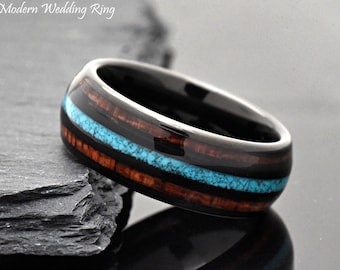 Mens Black Tungsten Wedding Band: Koa Wood & Turquoise Inlay, Engraved Promise Ring