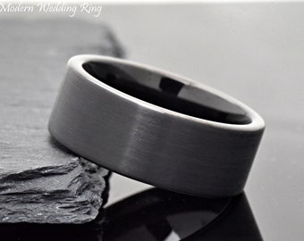 9mm Black Wedding Bands Mens Wedding Ring, Pipe Cut Mens Thick Wedding Band Tungsten, Men's Ring, Male Wedding Band Unique Mens Ring