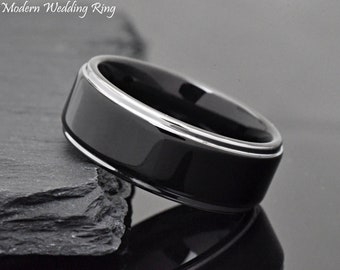 Unique Two Tone Hight Polished Black Ion Plated Steel Color Edge Wedding Band Ring Men's Grooms Promise Anniversary Engagement Gift Ideas