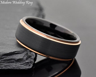 Promise Ring, Mens Promise Ring Rose Gold, Mens Ring, Black Tungsten with Rose Gold Edge Ring, Free Laser Engraving, Mens Wedding Band