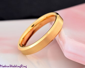 4mm Thin Brushed Center Yellow Gold Plated Tungsten Carbide Ring Men's Women's Wedding Band Engagement Ring Couples Ring Minimalist Jewelry