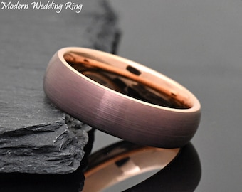 6mm Espresso Colored Ring, Brown Tungsten Wedding Ring, Mens & Womens, Unique Brushed Matted Outside Brown and Rose Gold Ion-Plated Ring