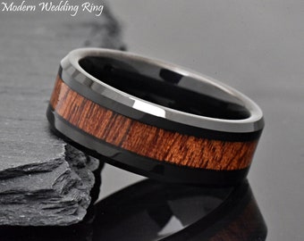 Mens Wedding Band, Tungsten Wedding Band Ring, Wedding Band Men, Anniversary Promise Ring for Him,Dark Mahogany Wood Inlay Mens Ring, Gift