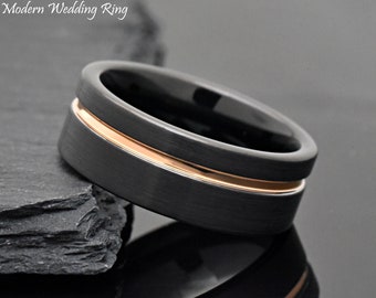 Tungsten Men's Wedding Ring, 8mm Mens Ring, Black Tungsten Wedding Band, Tungsten Carbide Ring, Rose Gold Inlay Pipe Cut Ring, Engraved