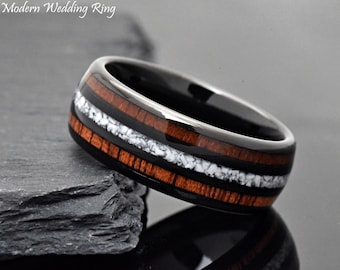 Mens Black Tungsten Wedding Band Hawaiian Koa with White Turquoise Inlay, Unique Men's Engagement Ring, Wood Turquoise Ring, Engraved Ring