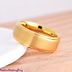 Brushed Matte Center Comfort Fit Gold Tungsten Ring / 8mm Gold Plated Tungsten Wedding Band / Men&#39;s Promise Ring / Gift For Him