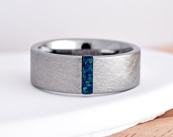 Tungsten Carbide Wedding Band: Wire Brushed Flat Ring with Blue-Green Opal Inlay (8mm)