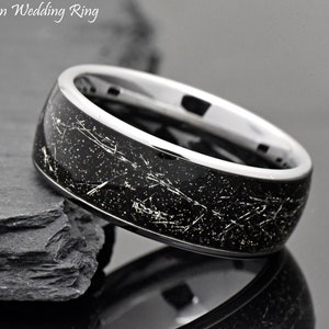 Silver Tungsten Wedding Band Meteorite, Dome Wedding Ring Meteorite, Imitation Meteorite Inlay, Tungsten Ring, Engraved Anniversary Ring