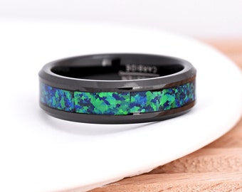 Black Tungsten Carbide Wedding Band with Emerald Green Opal Inlay, Personalized Engraved Ring 6mm