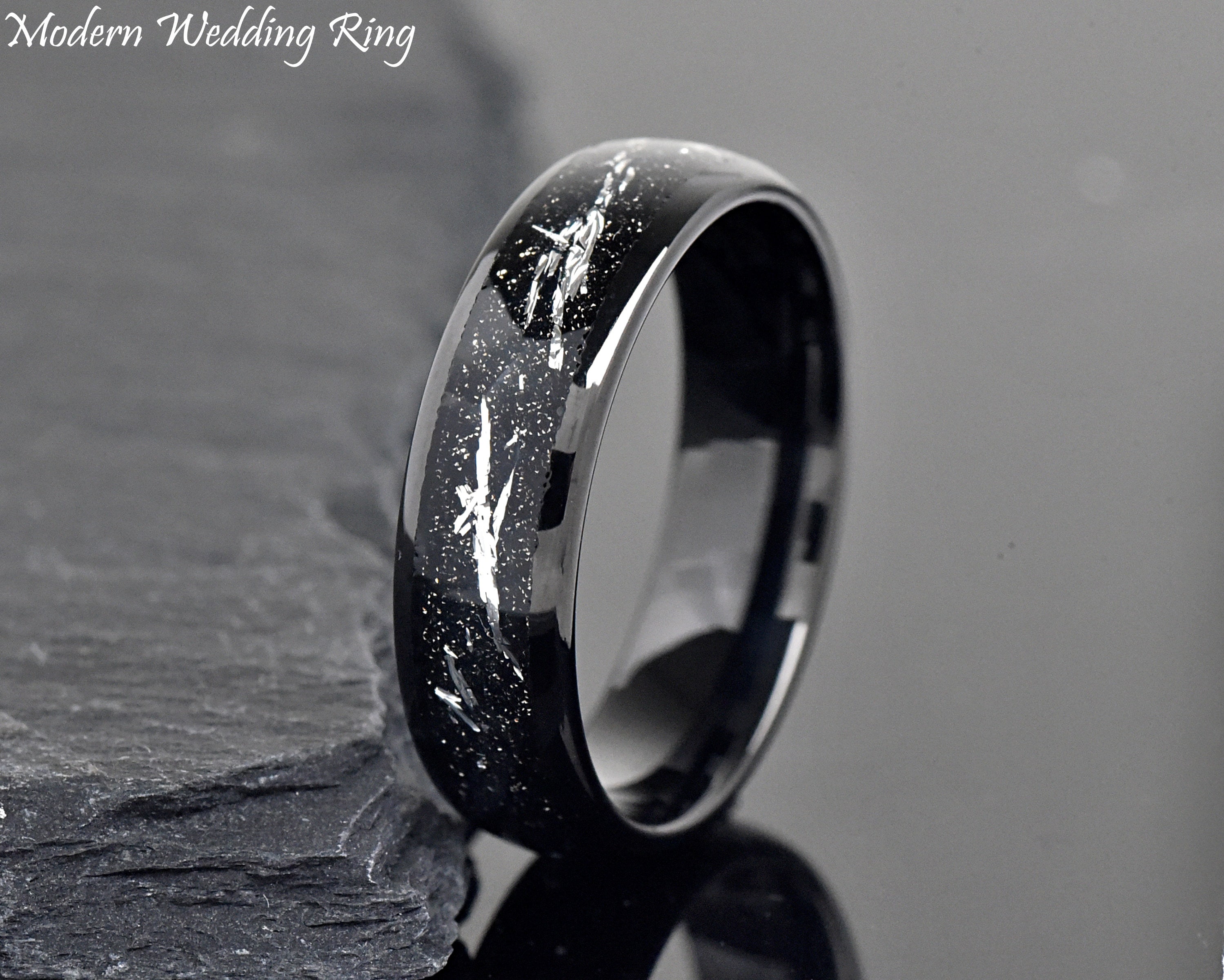 6mm Dome Black Wedding Ring Meteorite, Imitation Silver Color Meteorite