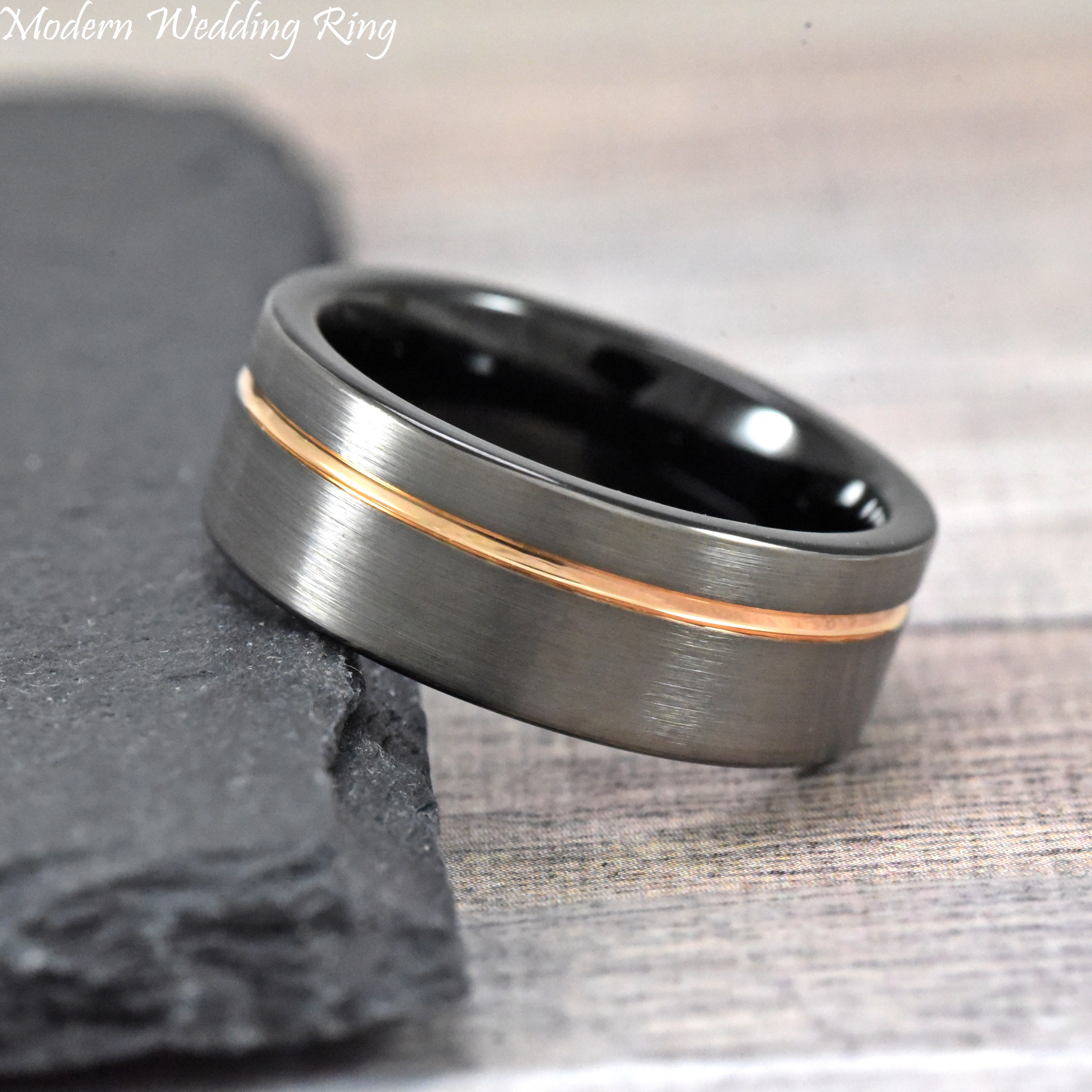 Gun Metal Tungsten Wedding Band, Rose Gold Groove, Engraved Promise Gun Metal Tungsten Wedding Band, Rose Gold Groove, Engraved Promise