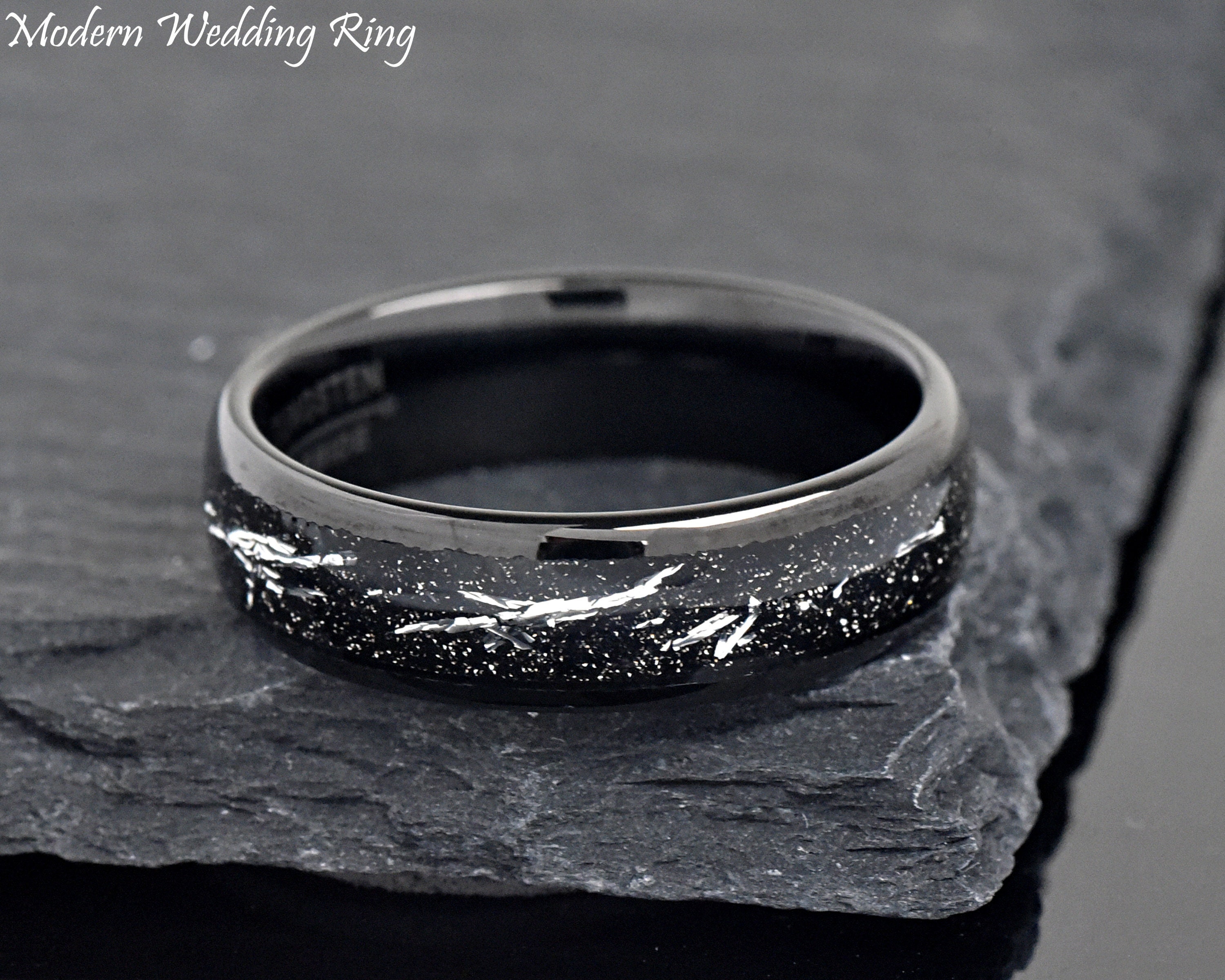 6mm Dome Black Wedding Ring Meteorite, Imitation Silver Color Meteorite