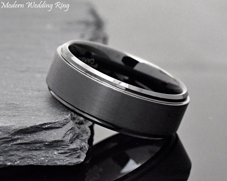 Dark Grey Wedding Band, Gunmetal Color Men's Wedding Band, Unique Gray Tungsten Wedding Band Mens, Mens Promise Ring, Anniversary Gift BLACK (083)