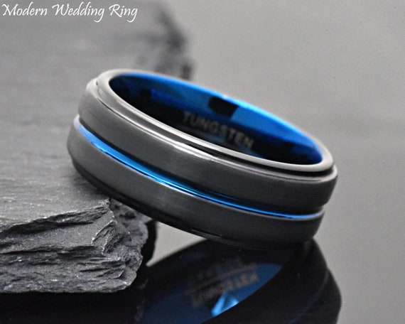 Daesar Men's Tungsten Ring - Gold & Blue Brushed Finish, 8mm Comfort Fit, Free Custom Engraving