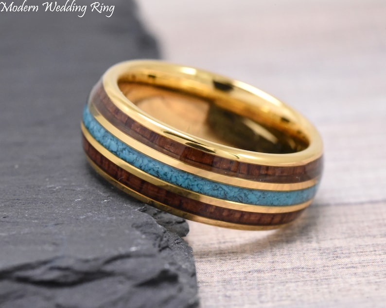 Unique Mens Ring Gold Plated Rosewood Inlay Wedding Ring Anniversary Ring Engrave Gold Tungsten Crushed Turquoise Wood Inlay Wedding Band