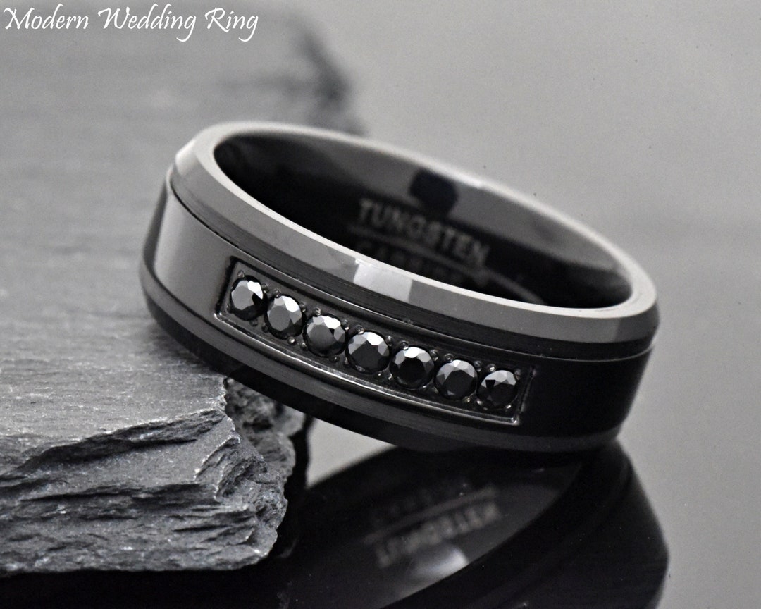 Black Tungsten With Black CZ Wedding Band, Mens Tungsten Wedding Ring ...