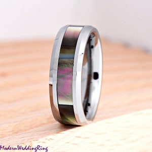 Unique Dark Pearl Inlay High Polished Tungsten Carbide Wedding Band / Men's 8mm Tungsten Promise Ring / Gift for Him / Personalized Ring image 5