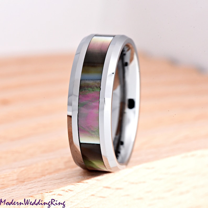 Unique Dark Pearl Inlay High Polished Tungsten Carbide Wedding Band / Men's 8mm Tungsten Promise Ring / Gift for Him / Personalized Ring image 5