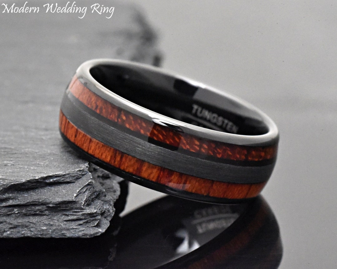 Two Inlay Koa Wood Inlay Dome Wedding Ring 8mm Black Tungsten - Etsy