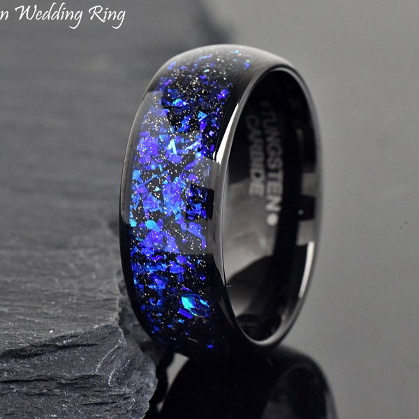 8mm Black Tungsten Blue Opal & Abalone Fragment Inlay Men's Unique Wedding Ring, Tungsten Wedding Band, Laser Engraved Engagement Ring