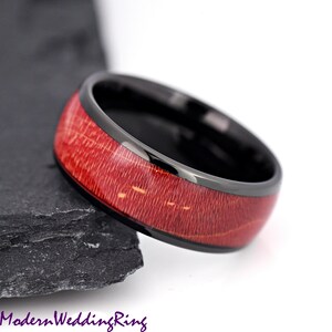 Red Wood Inlay Black Tungsten Wedding Band /  Men&#39;s Tungsten Ring / Laser Engraved Gift / 8mm Dome Engagement Ring / Promise Ring for Him