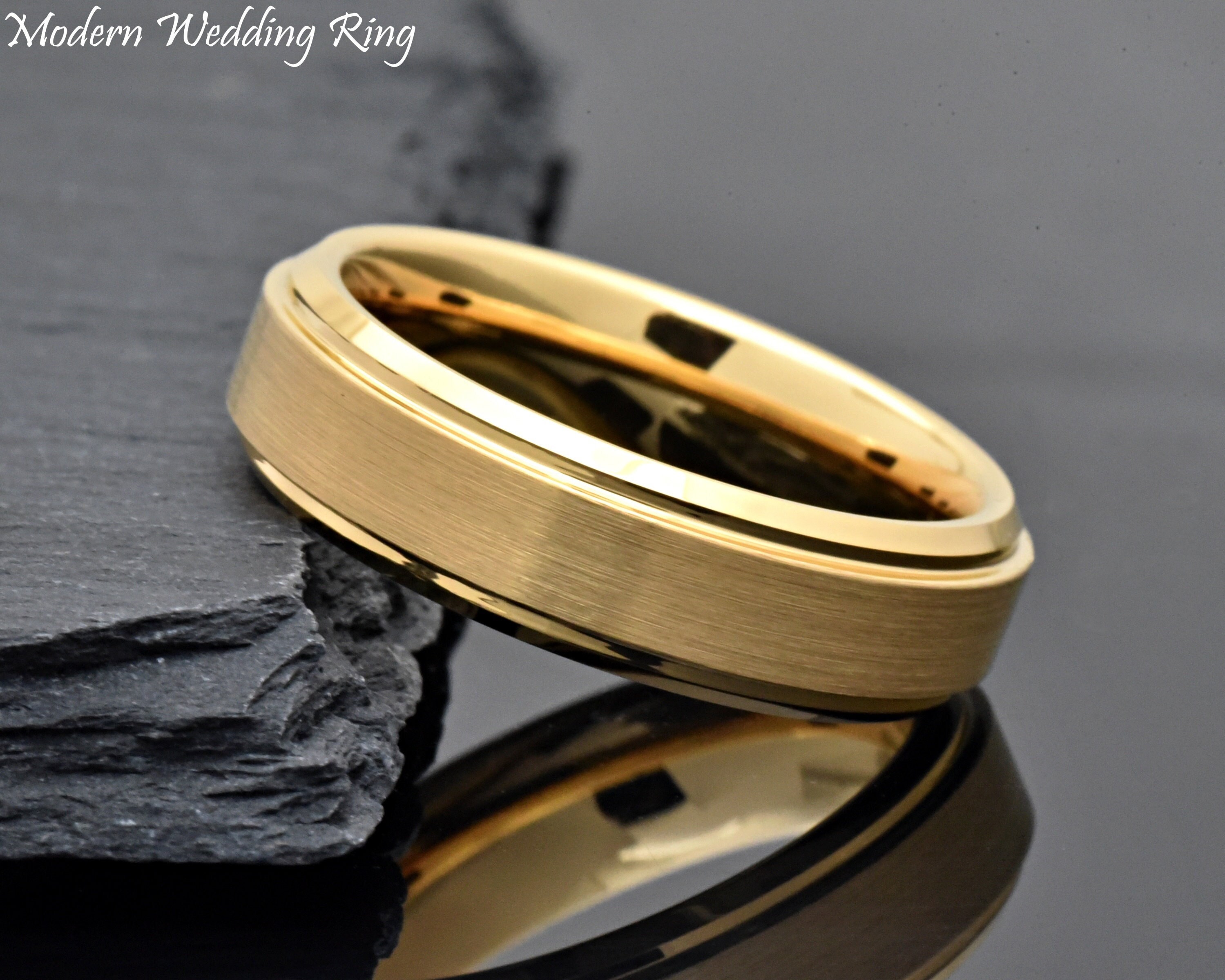 Gold Wedding Band, Brushed Tungsten Carbide 6mm Ring, Womens Tungsten Gold Wedding Band, Brushed Tungsten Carbide 6mm Ring, Womens Tungsten