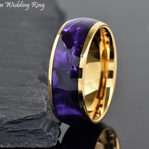 8mm Gold Tungsten Purple Synthetic Tiger Cowrie Inlay Men's Unique Wedding Ring Laser Engraved Promise Engagement Ring Anniversary Gift