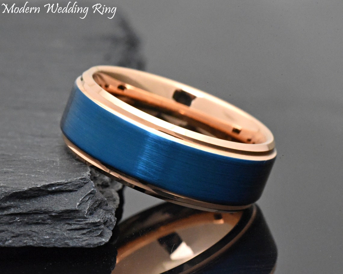 Two Tone Wedding Band Men's Wedding Ring Tungsten BLUE ROSE GOLD (862)