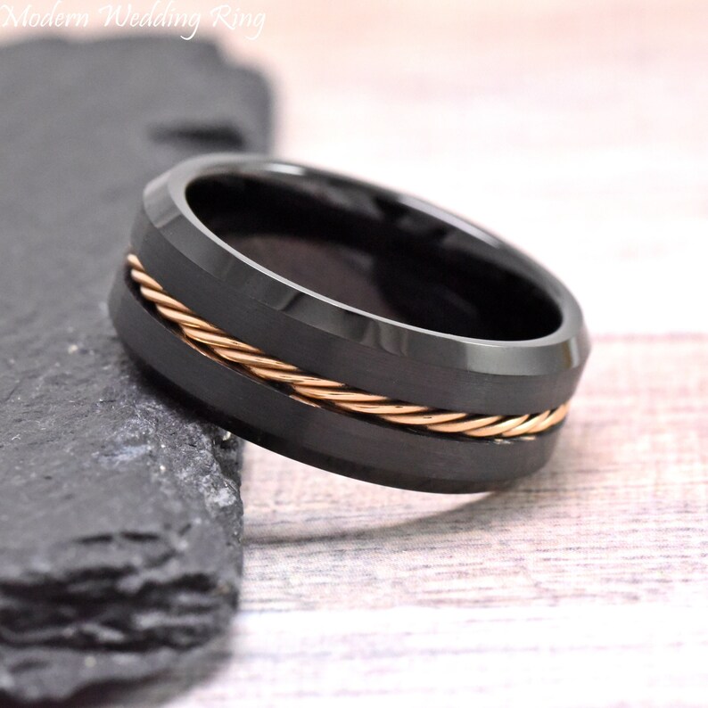 8mm Tungsten Wedding Ring Mens Tungsten Ring Mens Ring Rose Gold IP Rope Inlay Black Tungsten Wedding Band Men Brushed Mens Ring