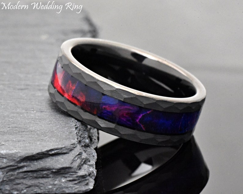 Hammered Black Tungsten with Dark Purple Box Elder Wood Inlay Men's Unique Wedding Ring Engraved Promise Engagement 8mm Ring Band Male Gift 