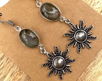 925 silver labradorite earrings, boho style earrings, labradorite stone earrings, sun earrings