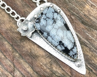 Collier argent 925, collier obsidienne mouchetée, collier flocon de neige, collier style bohème, idée de cadeau pour femme