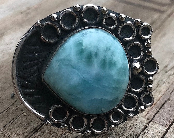 Boho style ring in sterling silver 925 with larimar of the Dominican Republic size 58 or 8.25US