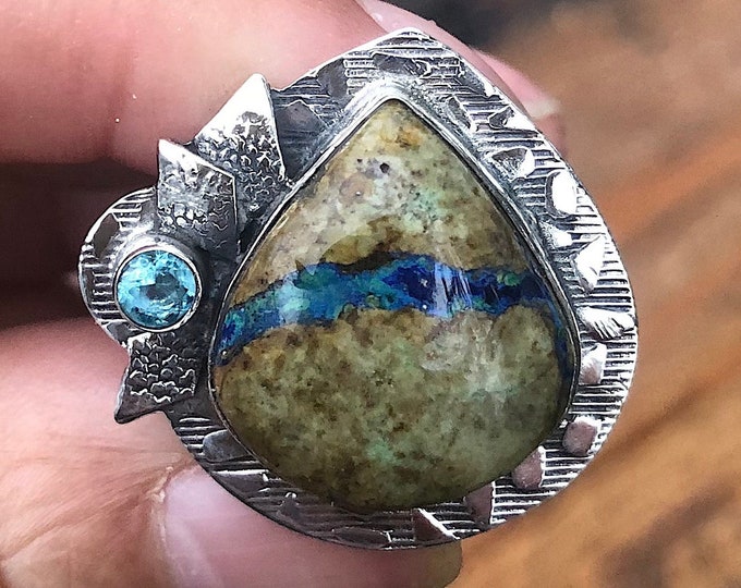 925 silver ring with an azurite-malachite cabochon and a blue topaz size 57 or 8US boho style
